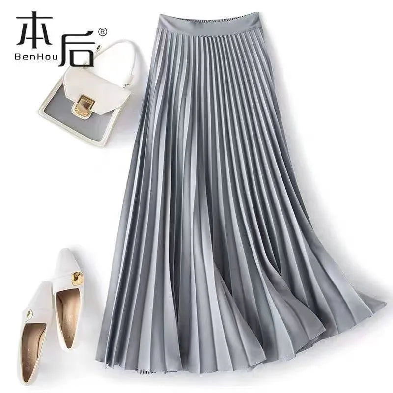 Women Vintage Midi Skirt Wide Elastic Waistband High Waist Pleated A-Line Skirt