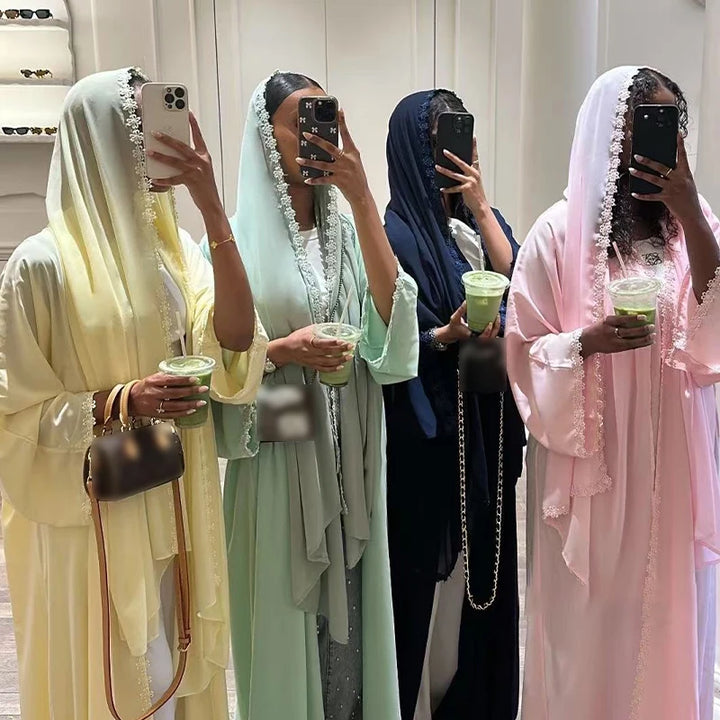 Eid Women Abaya Hijab Set Lace Dress Jalabiya Ramadan Party Dresses
