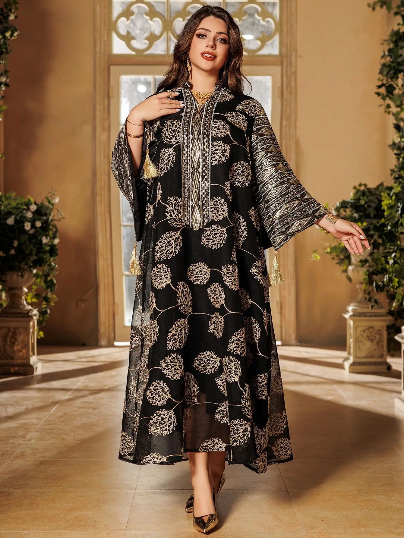 Black Embroidered Abaya – Gold Detail Formal Dress