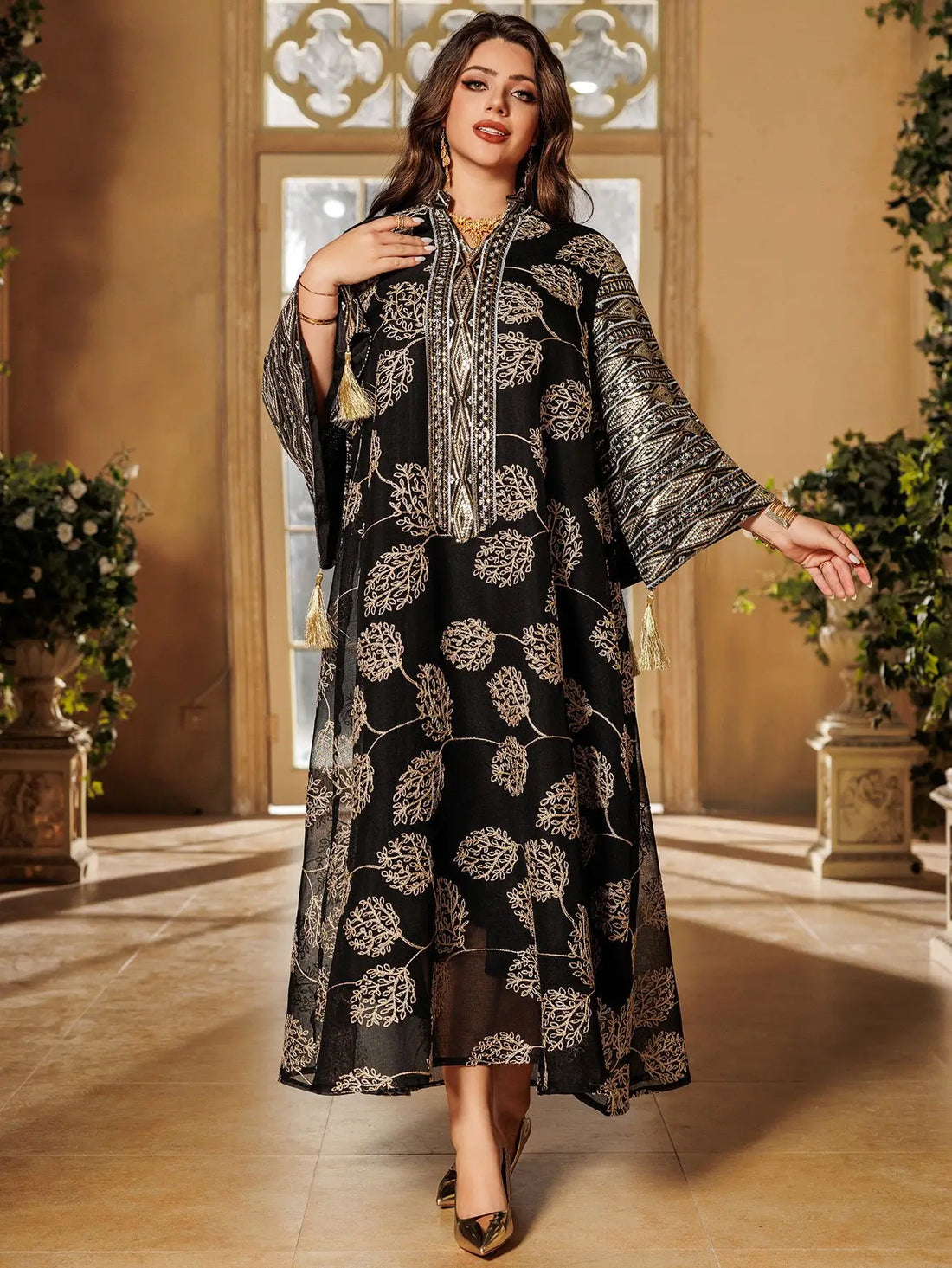 Black Embroidered Abaya – Gold Detail Formal Dress