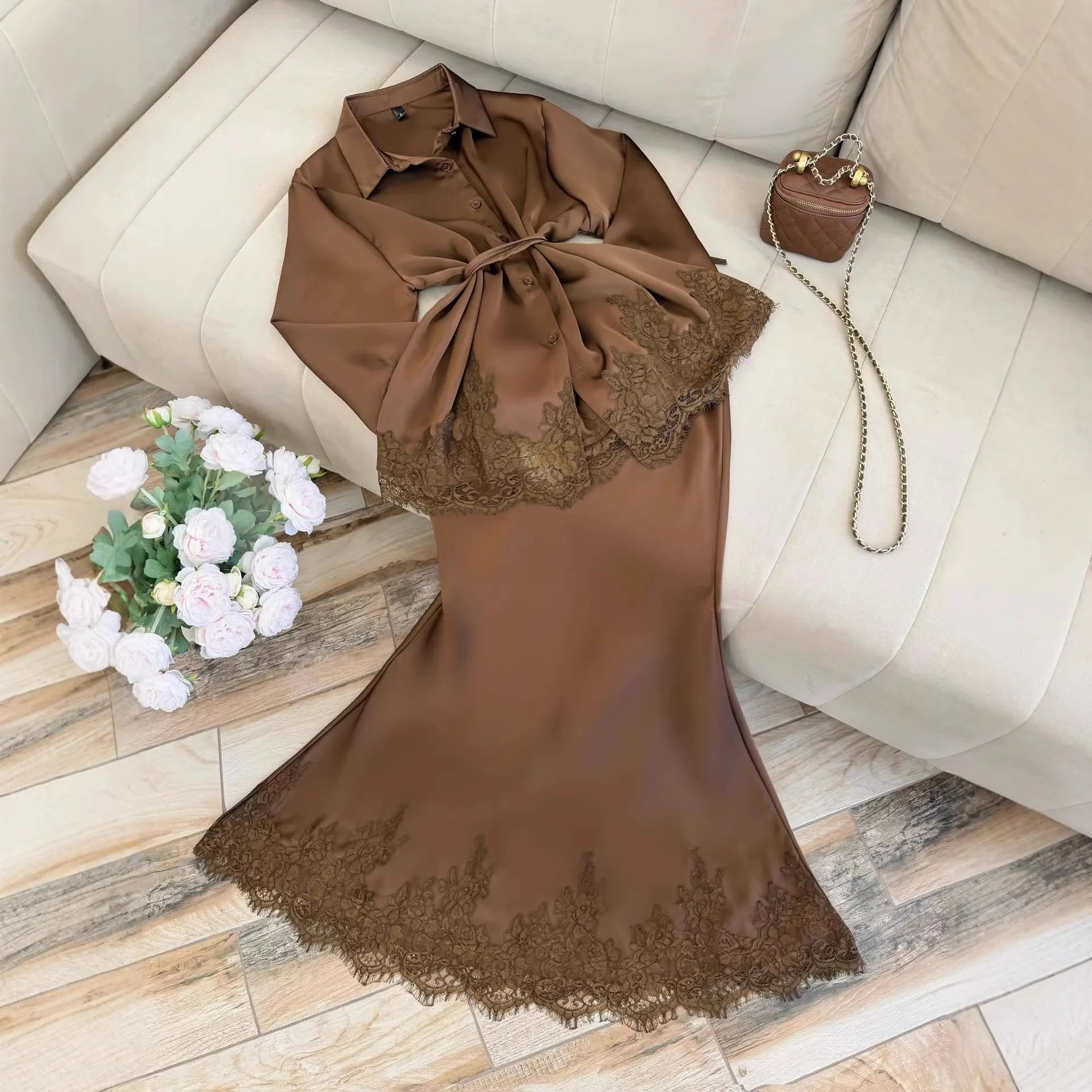 Women Two Piece Sets Skirt Set Turn Down Collar Lace Streetwear