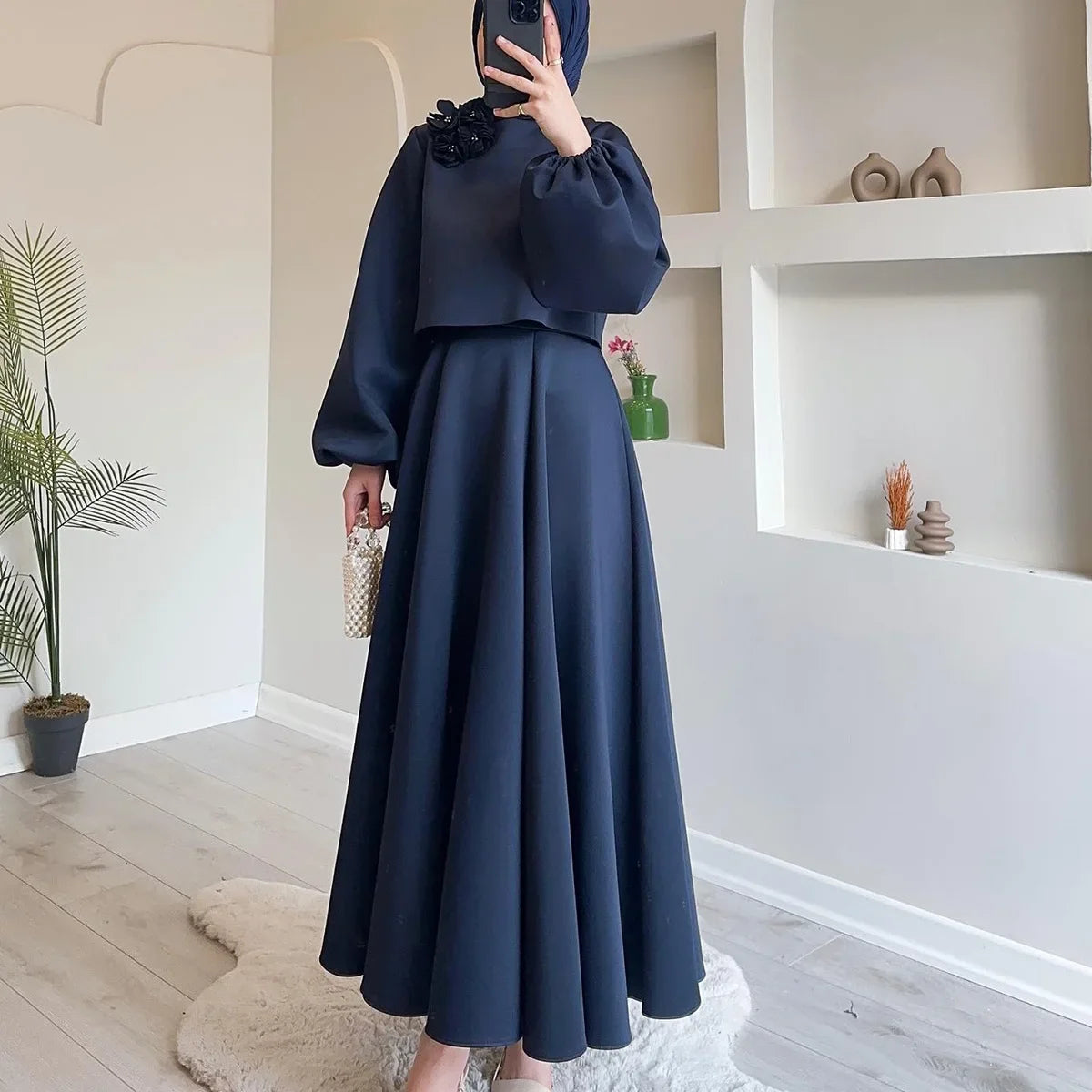 Lantern Sleeve Loose Two-piece Dress Femme Muslim Dress Abaya