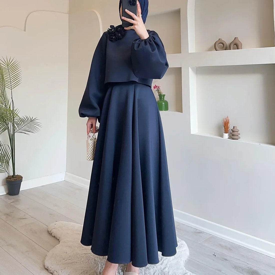 Lantern Sleeve Loose Two-piece Dress Femme Muslim Dress Abaya
