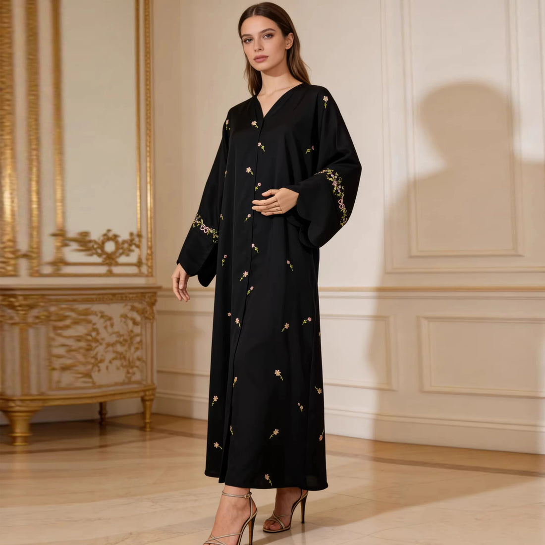 Luxurious Floral Embroidery Hijab Dress for Muslim Women