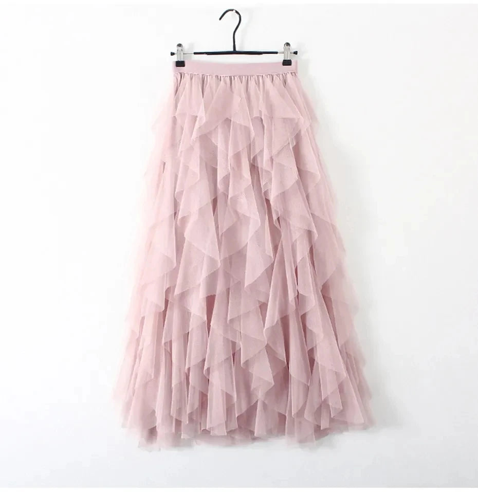 Womens Elastic High Waist Tulle Mesh Irregular Tutu Skirt
