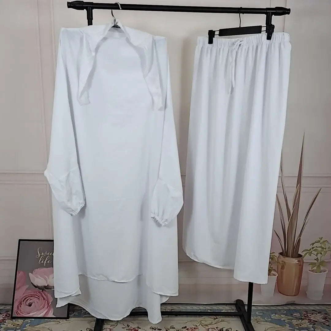 Ramadan 2 Piece Long Khimar with Skirt Set Abaya Muslim Women