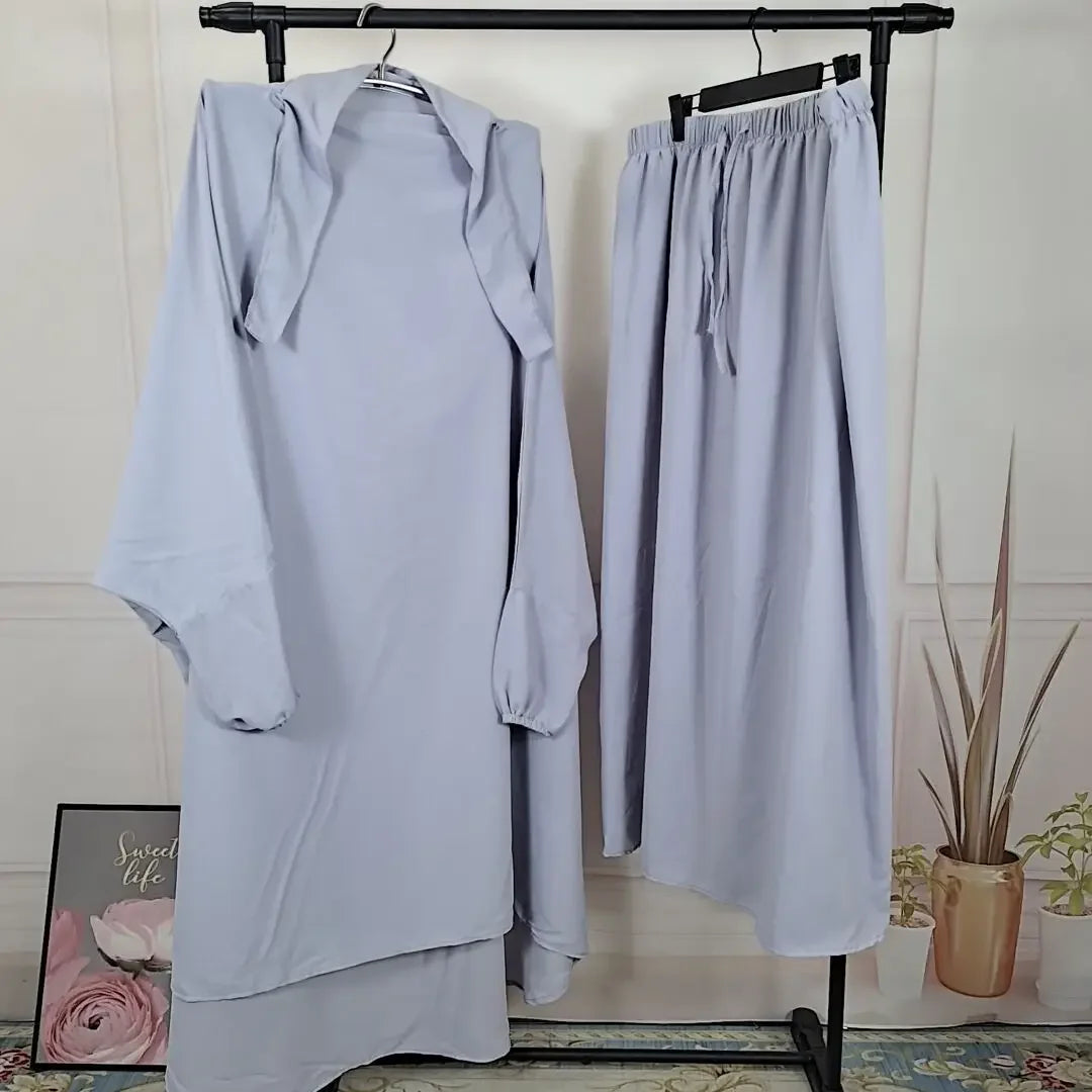 Ramadan 2 Piece Long Khimar with Skirt Set Abaya Muslim Women