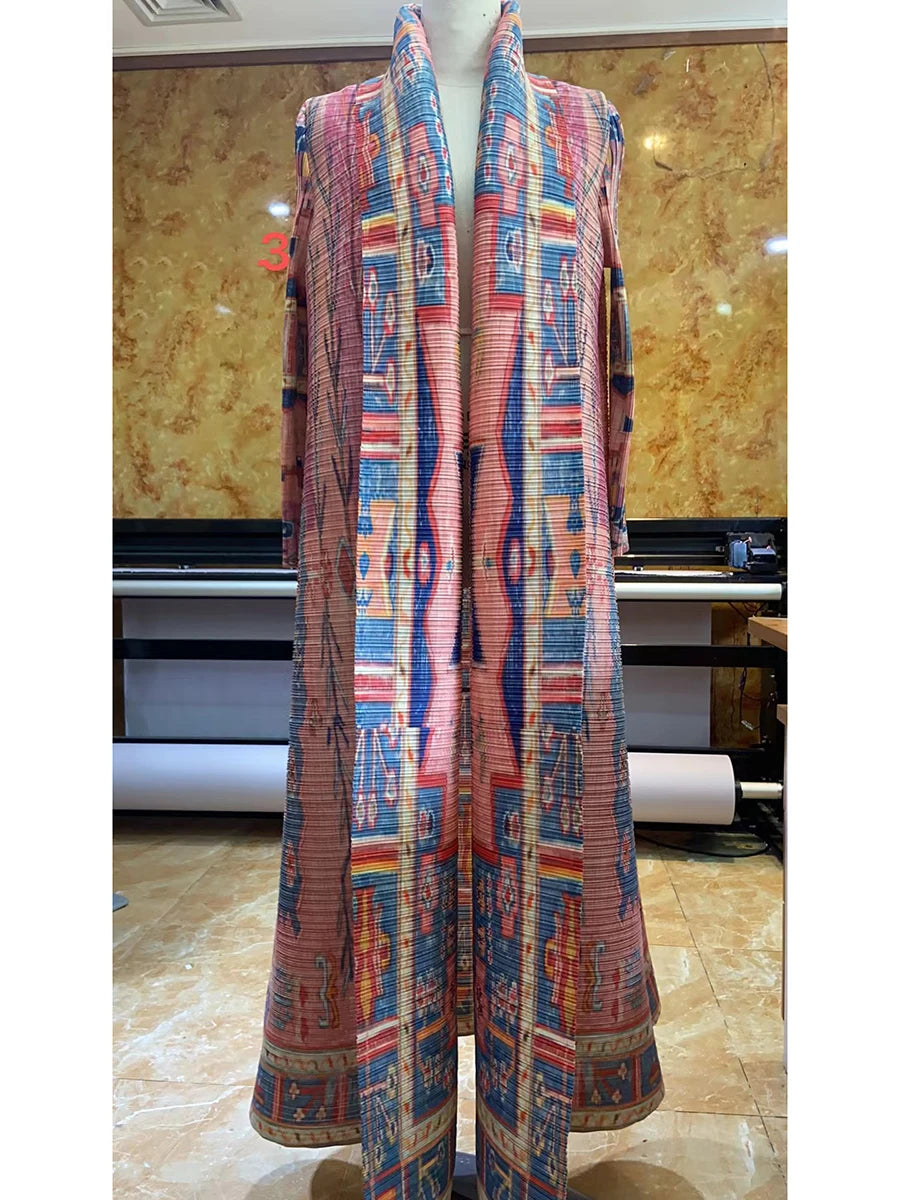 Miyake Pleated Abaya Coat – Vintage Print Designer Jacket