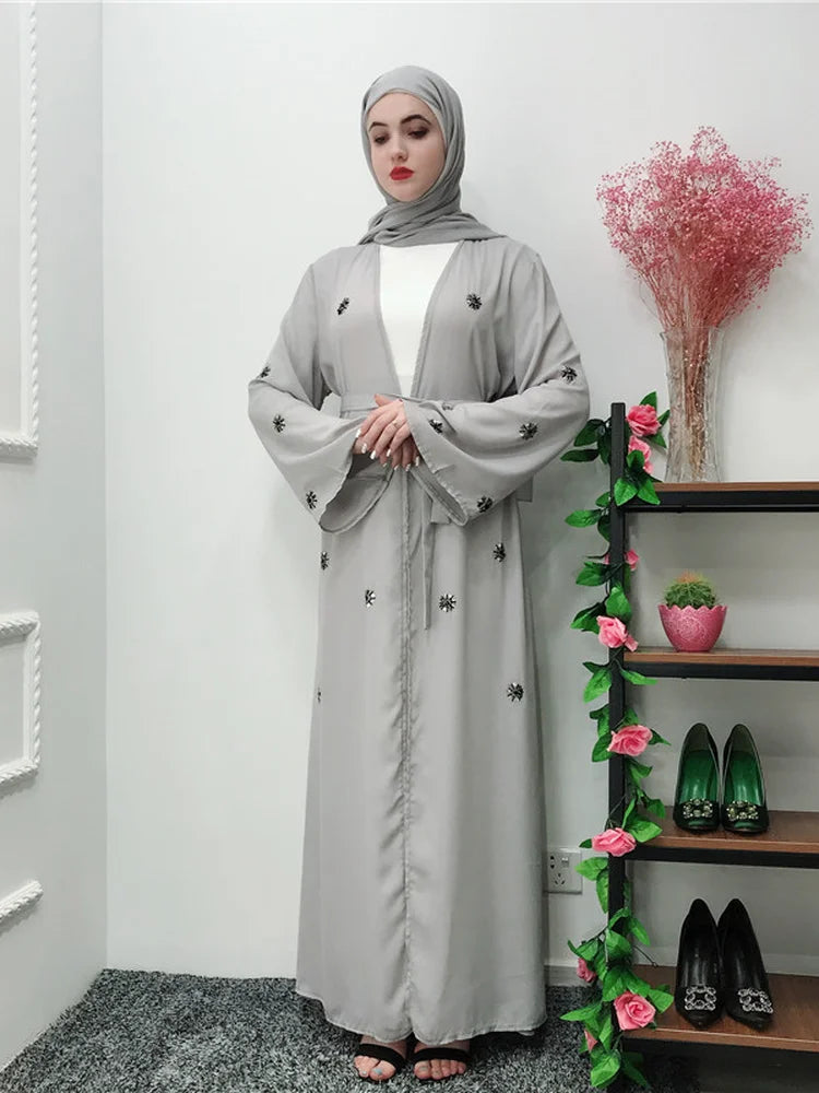 Turkish Beading Floral Open Abaya – Lace-Up Maxi Kaftan Robe