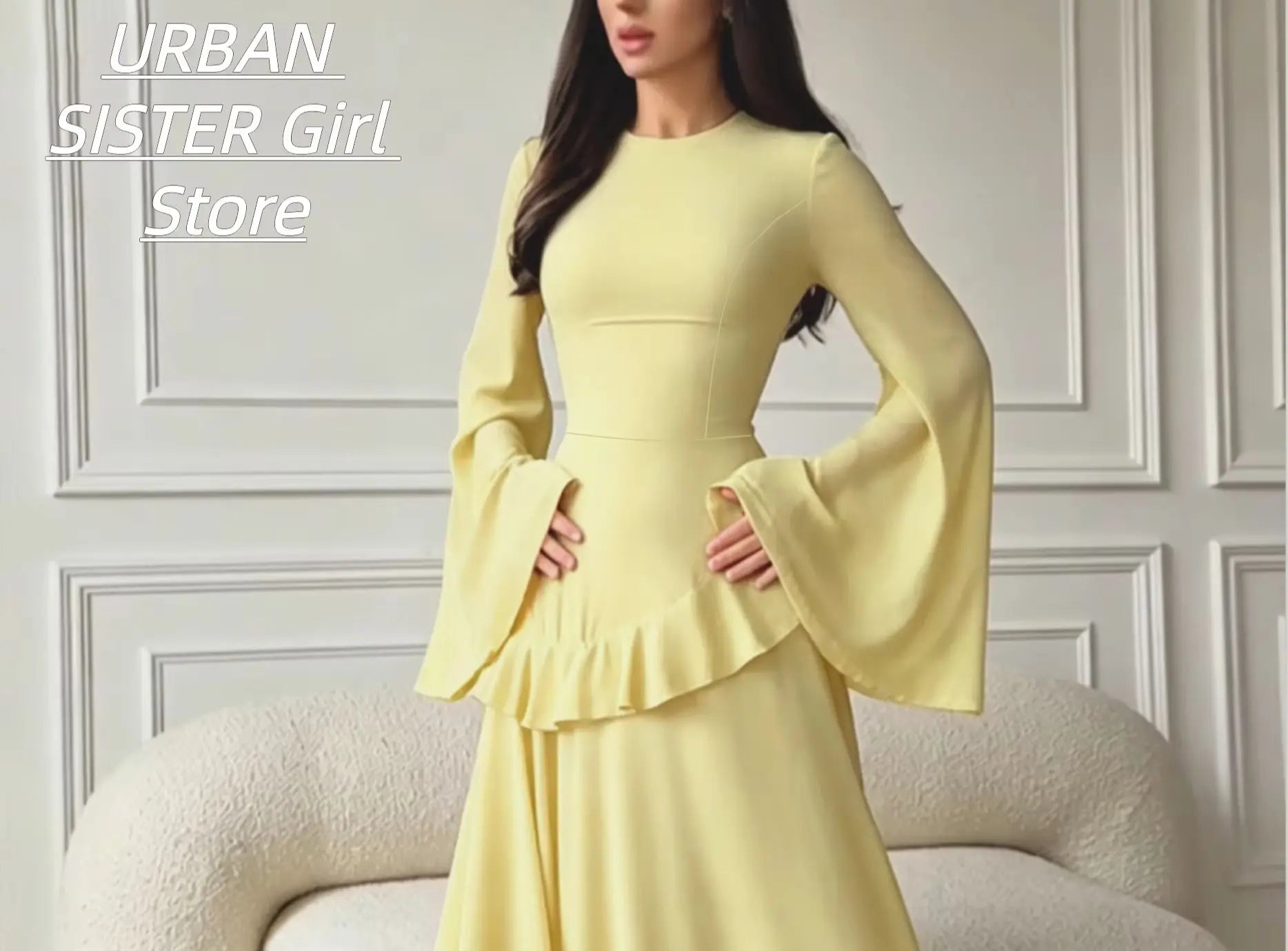 Cream-Colored Round-Neck Muslim Banquet Evening Gown