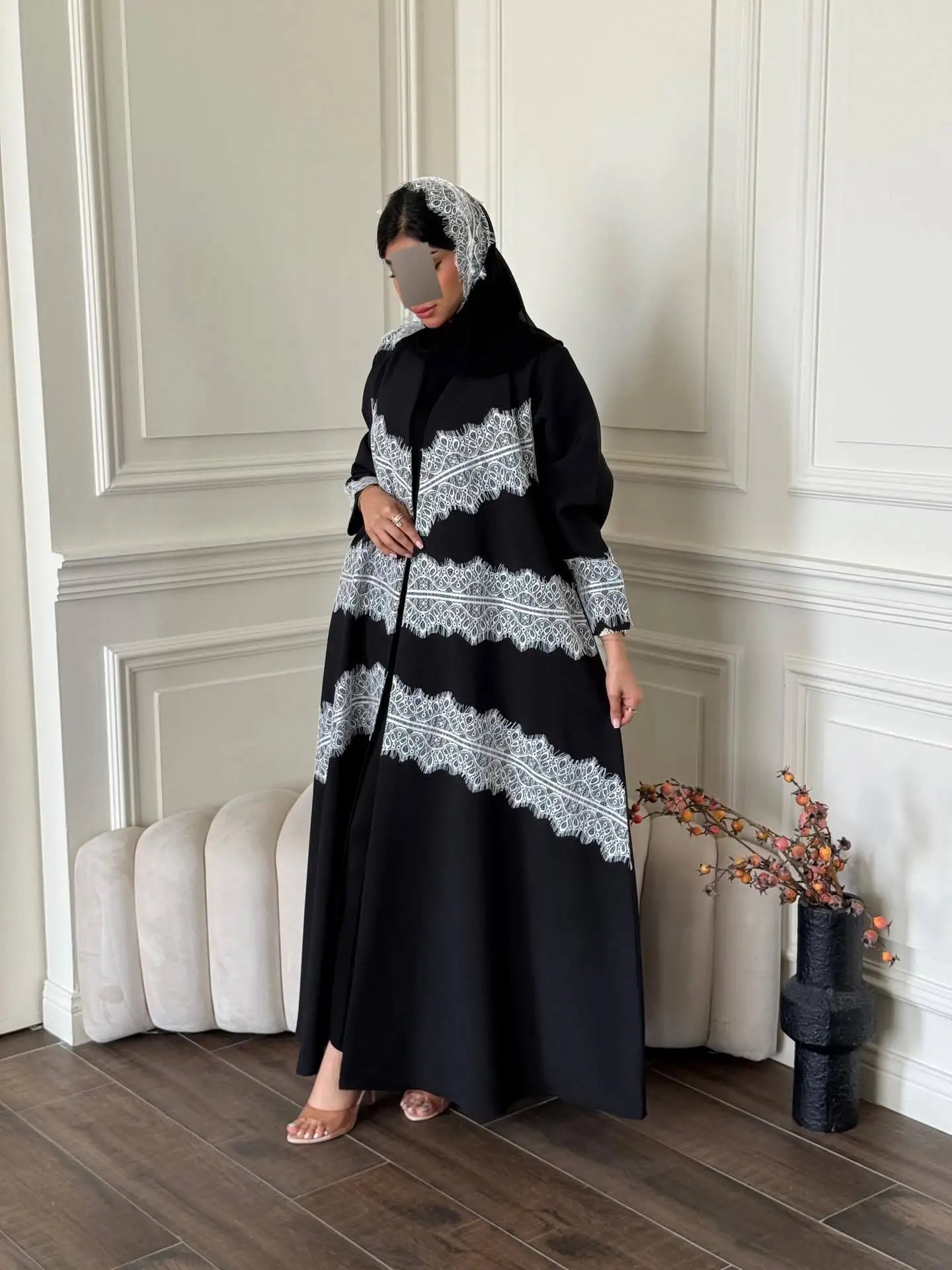 Eid Lace Open Abaya – Elegant Kaftan Party Dress