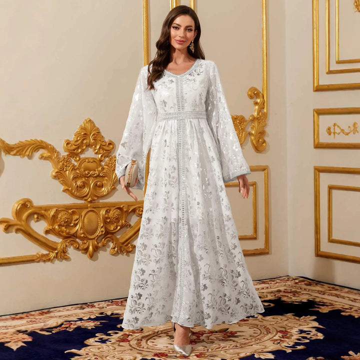 Silver Foil Print Modest Maxi Dress – Elegant Eid & Occasion Abaya