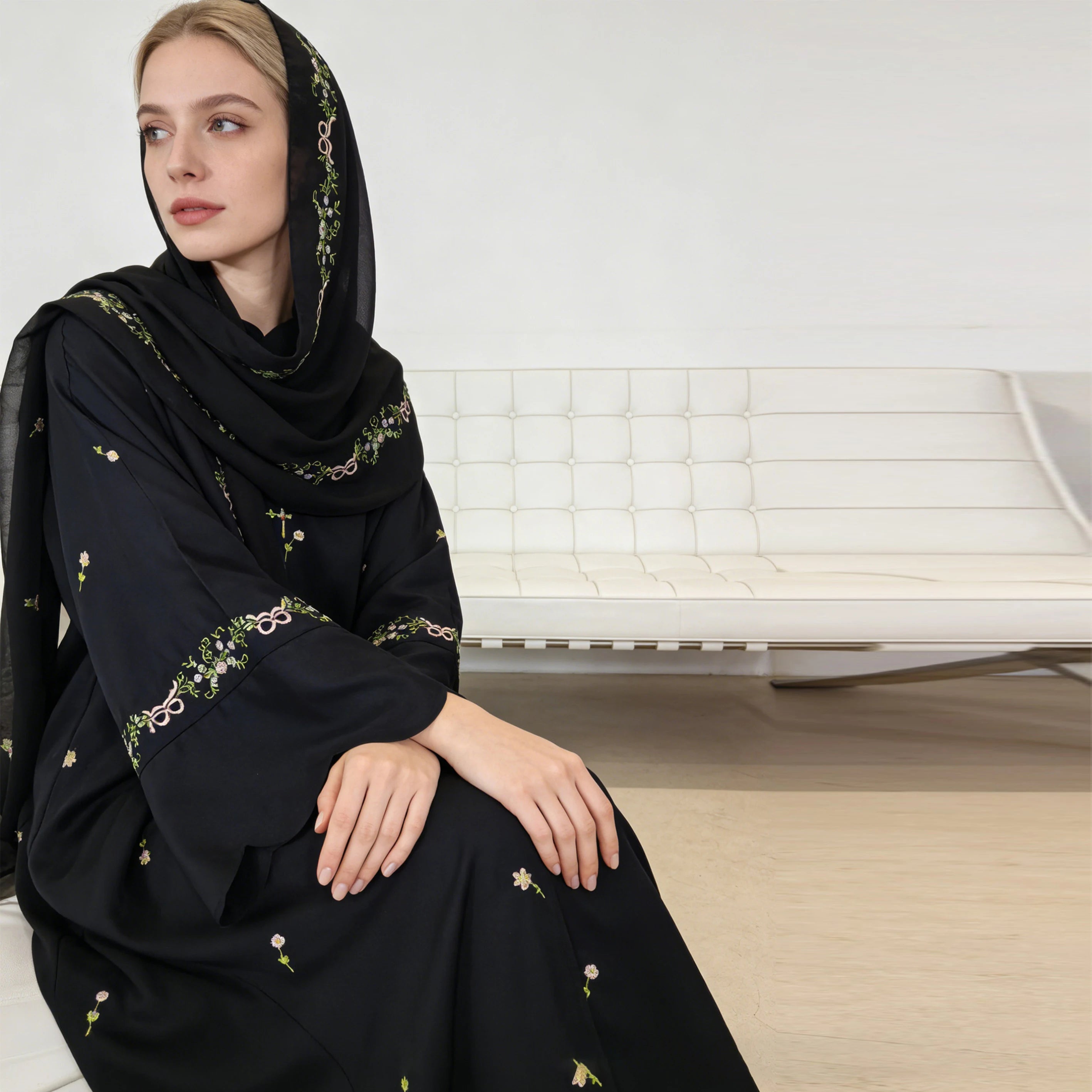 Luxurious Floral Embroidery Hijab Dress for Muslim Women