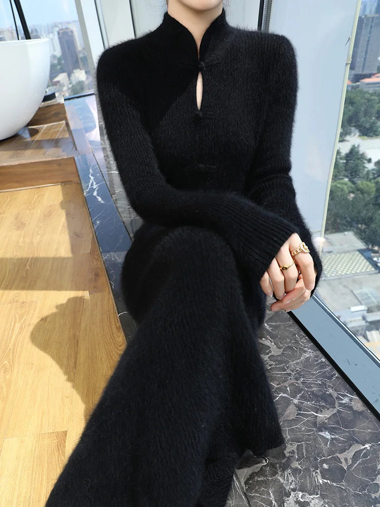 100% Mink Cashmere Knitted Thick Sweater Dress