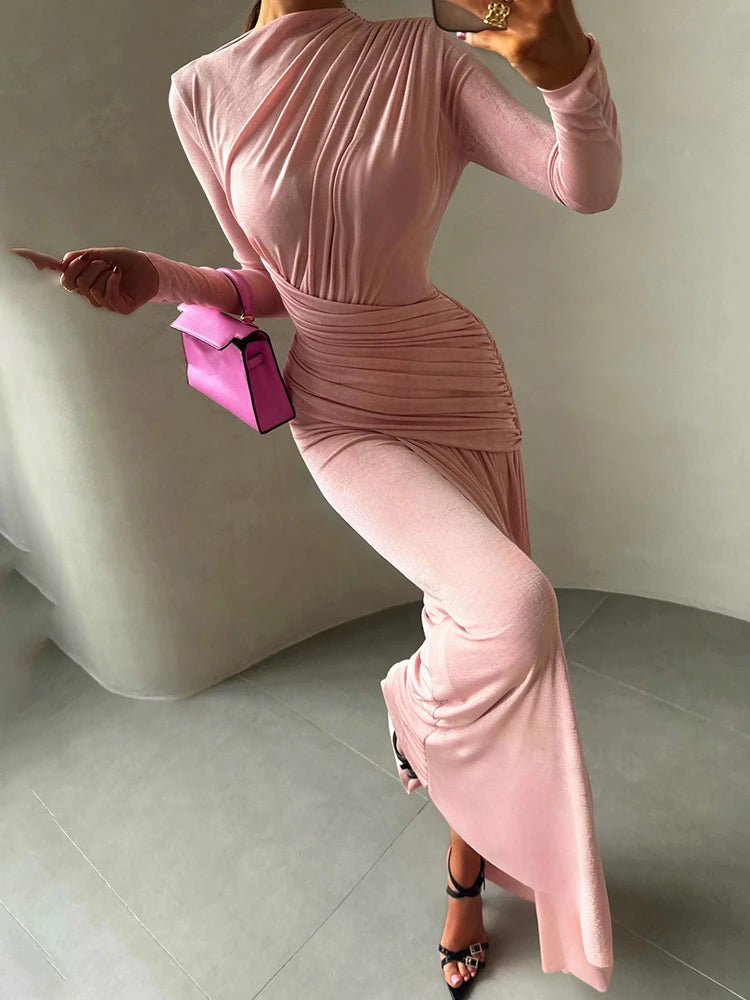 Maxi Dress Women O-Neck Full Sleeve Solid Banquet Elegant Vacation Fashion