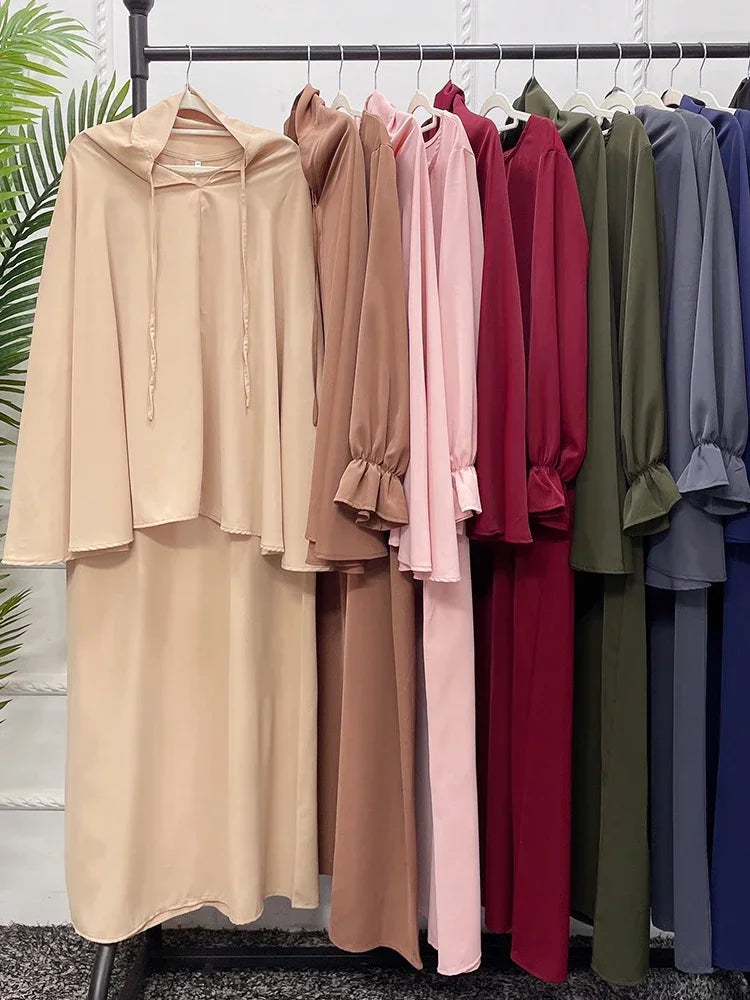 Eid Hooded Muslim Women  Long Khimar Hijab Dress Set