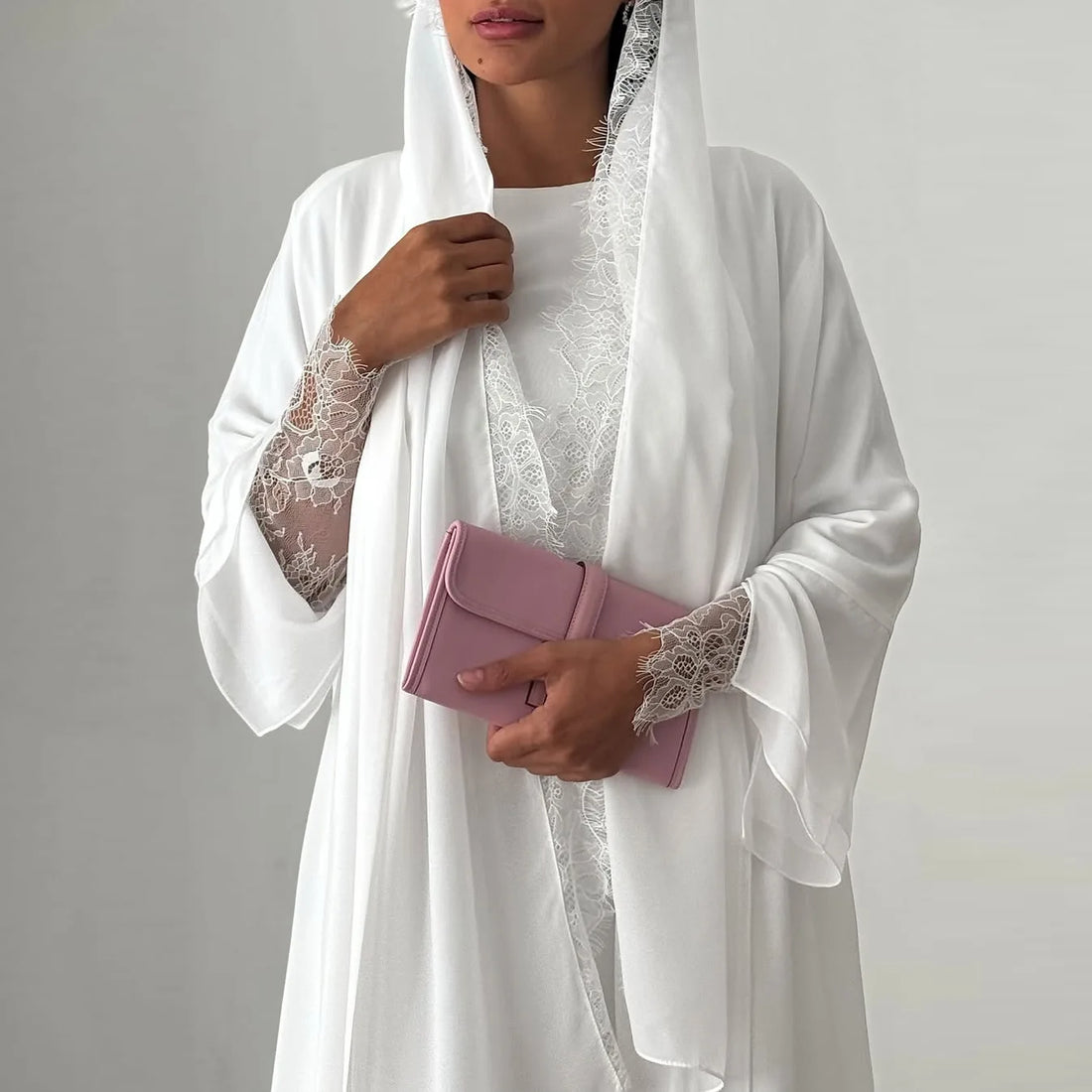 White Chiffon Abaya Set – Lace Sleeve & Hijab Included