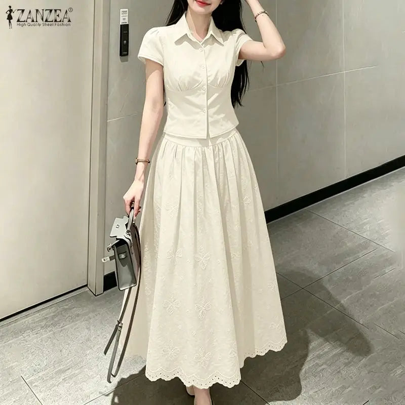 Women's Elegant Chic Skirt Sets Short Sleeve Short Shirt & Embroidered Maxi