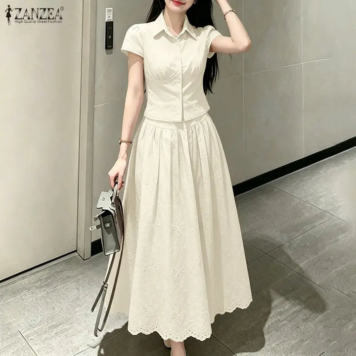 Women's Elegant Chic Skirt Sets Short Sleeve Short Shirt & Embroidered Maxi