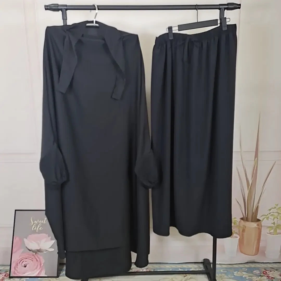 Ramadan 2 Piece Long Khimar with Skirt Set Abaya Muslim Women