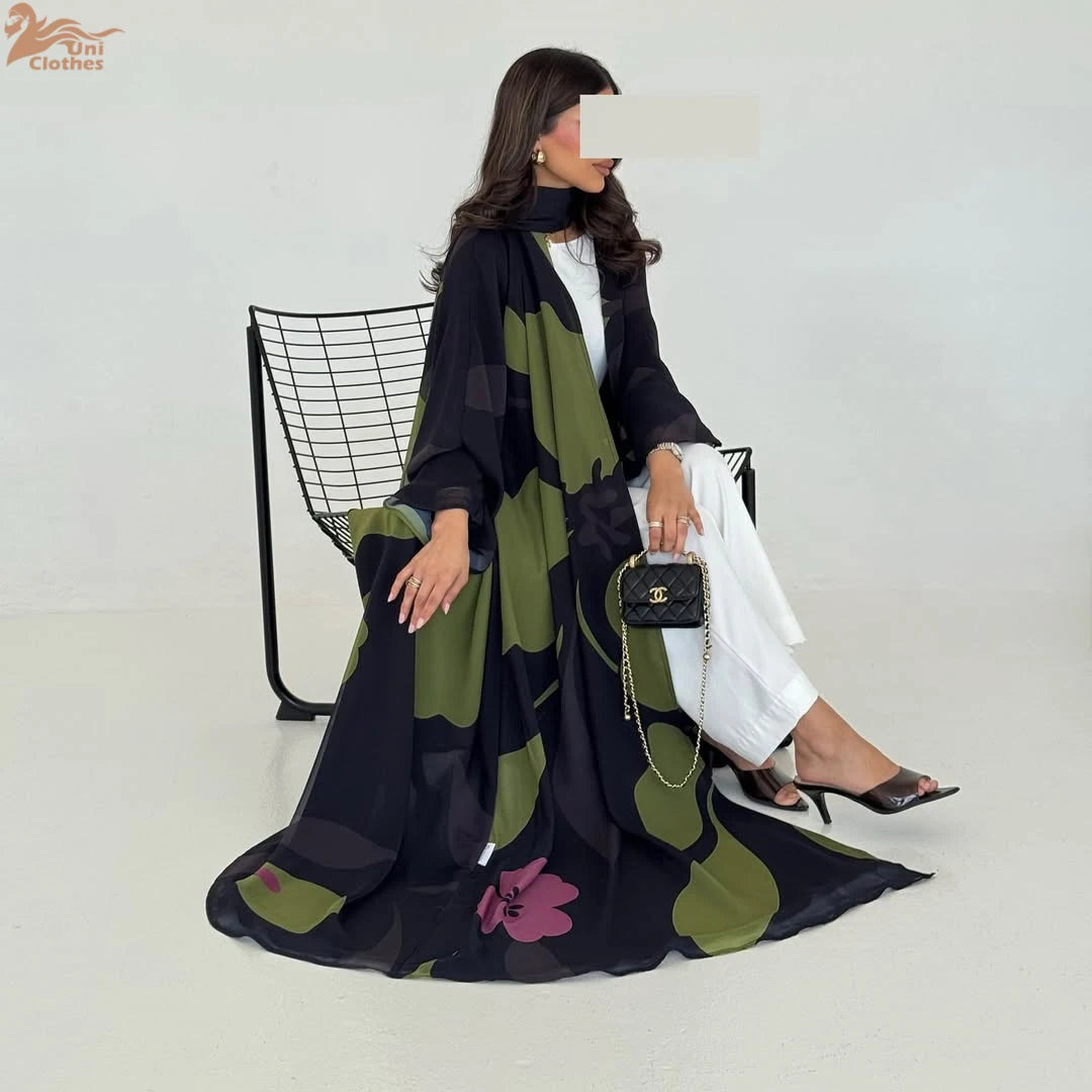 Dubai Floral Print Open Abaya – Long Sleeve Kaftan with Hijab