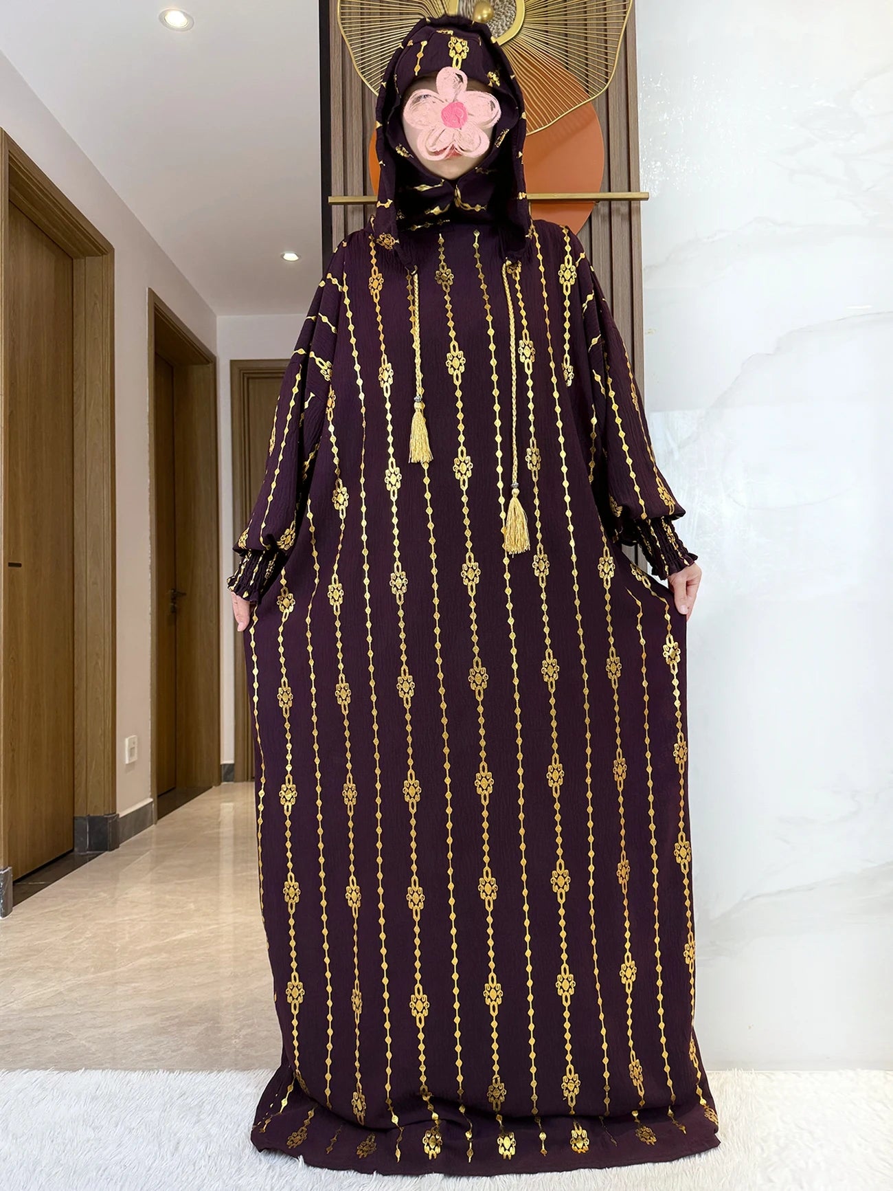 Gold Stamp Pure Cotton Ramadan Muslim Two-Hat Abaya