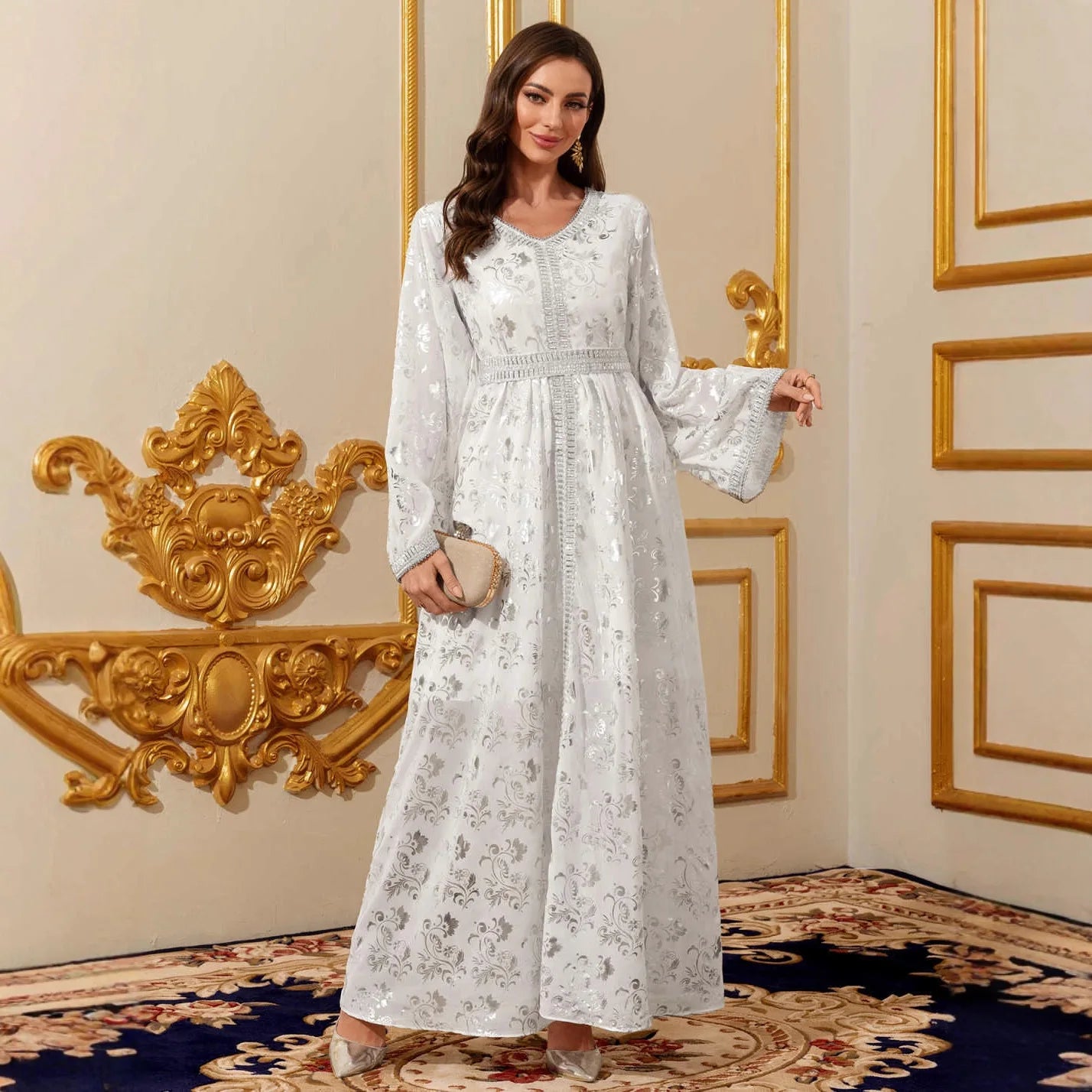 Silver Foil Print Modest Maxi Dress – Elegant Eid & Occasion Abaya
