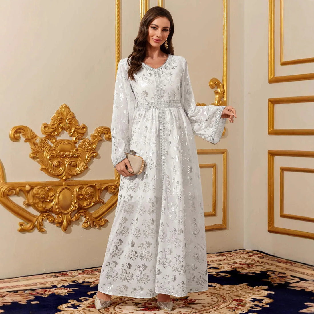 Silver Foil Print Modest Maxi Dress – Elegant Eid & Occasion Abaya