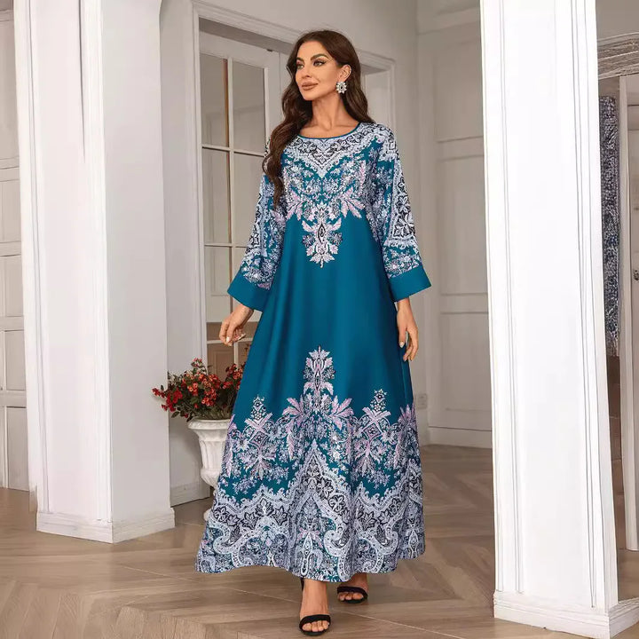 Elegant Traditional Print Abaya – Embroidered Loose-Fit Maxi Dress
