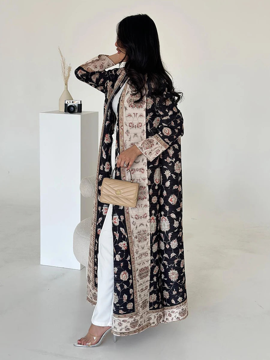 Miyake Pleated Abaya Coat – Vintage Print Designer Jacket