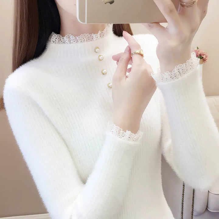Women Clothing Elegant Fashion Half High Collar Long Sleeve Sweaters