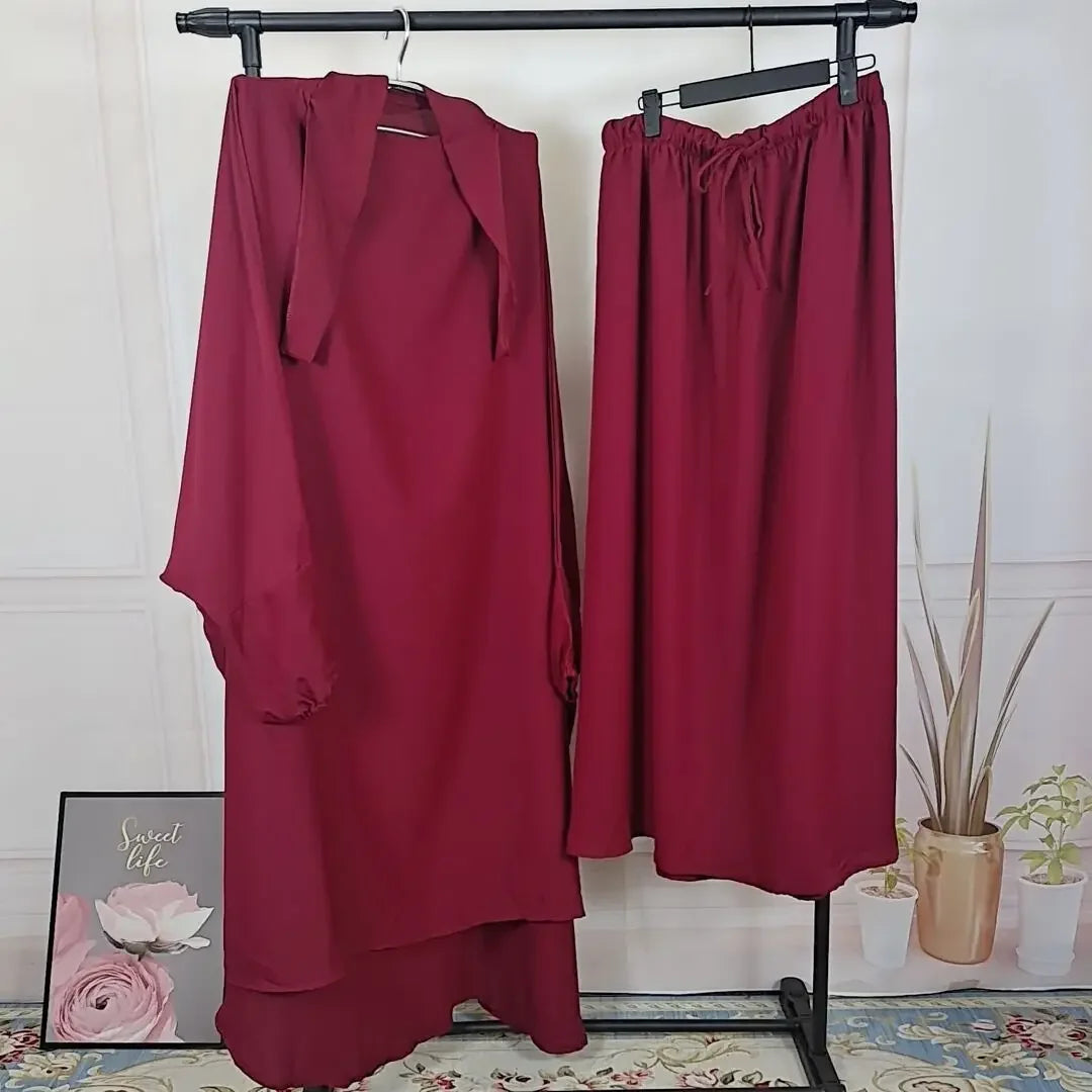 Ramadan 2 Piece Long Khimar with Skirt Set Abaya Muslim Women