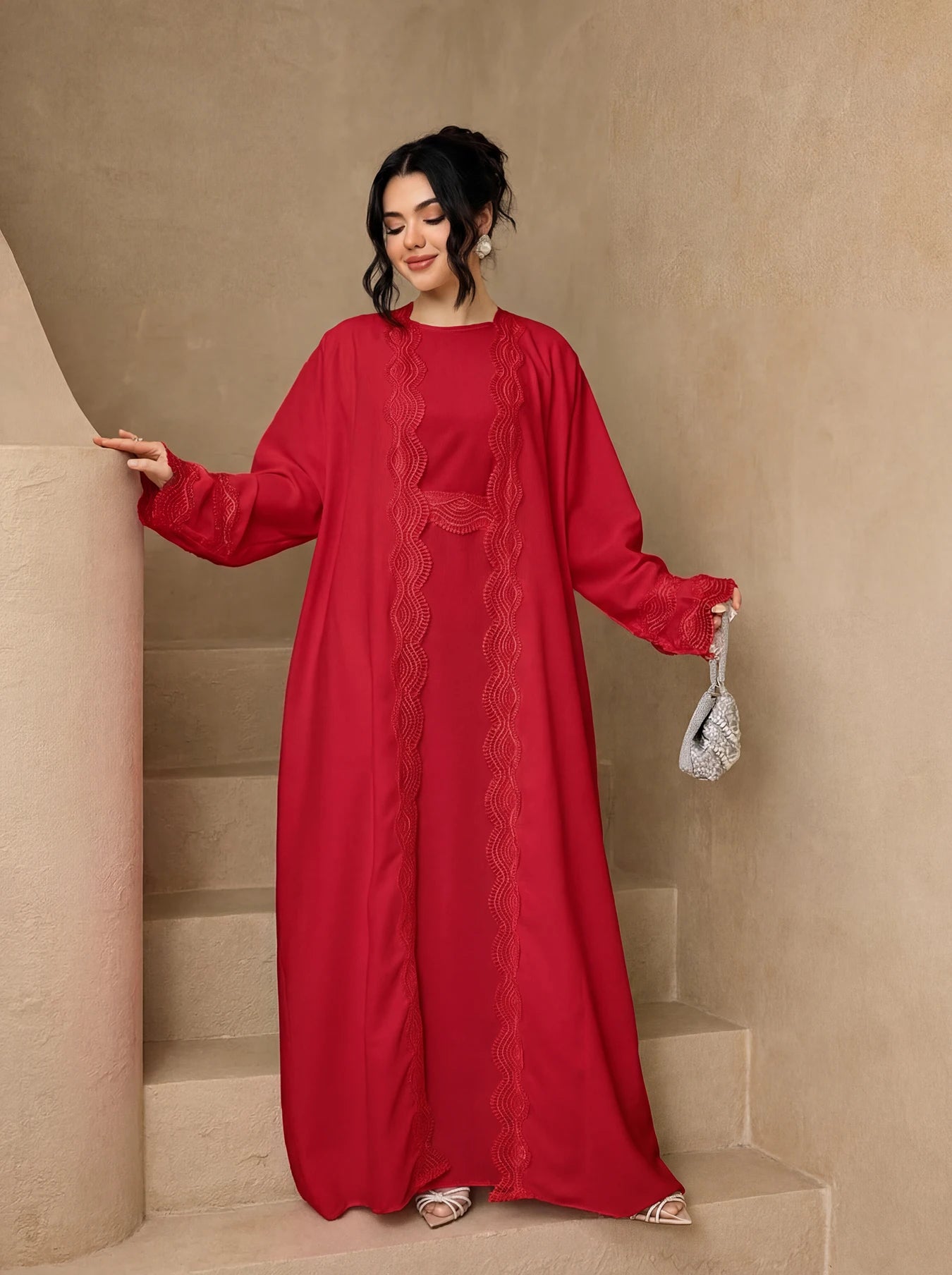 3-Piece Lace Trim Open Abaya Set – Modest Dress with Hijab & Belt
