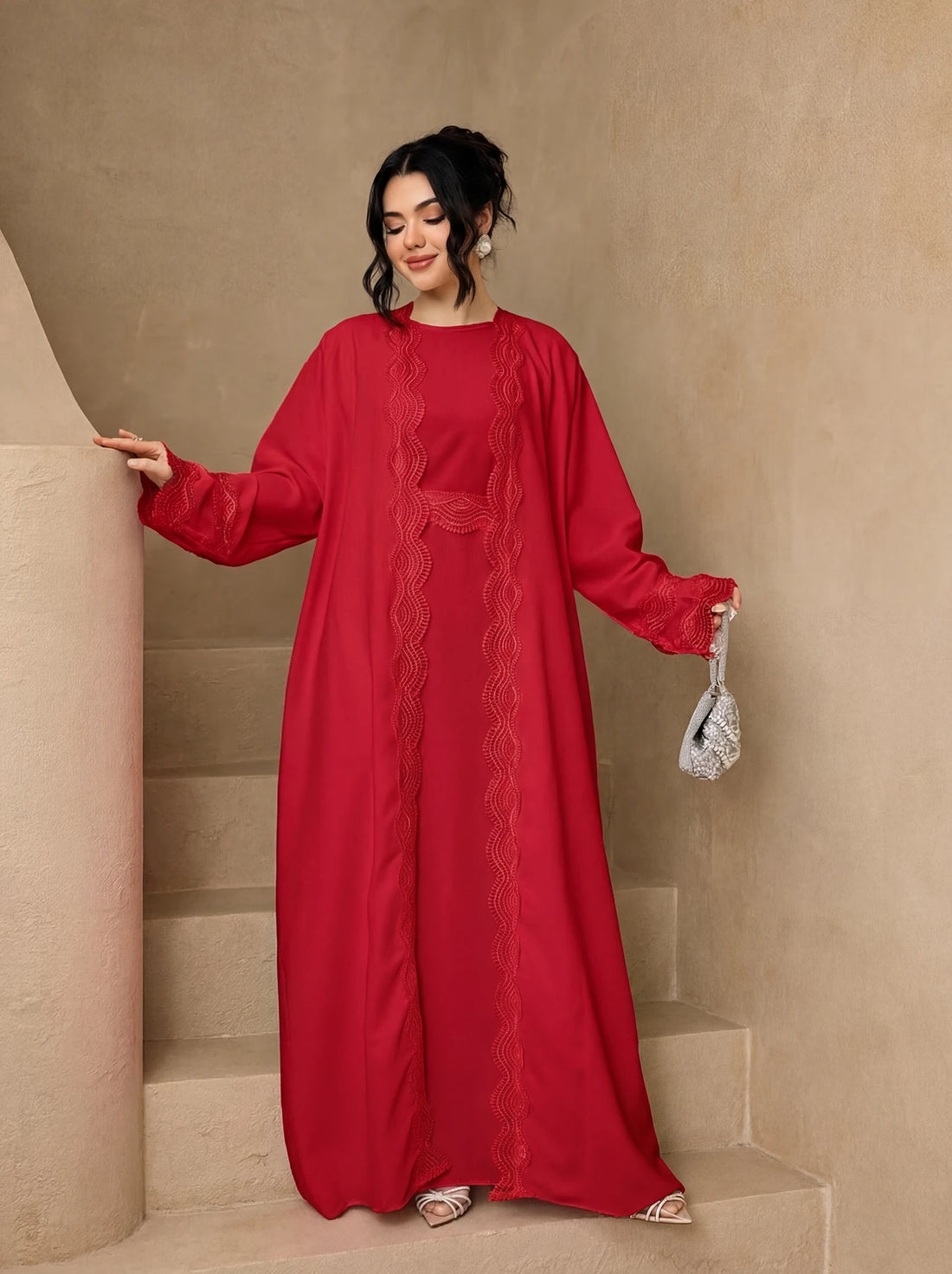 3-Piece Lace Trim Open Abaya Set – Modest Dress with Hijab & Belt