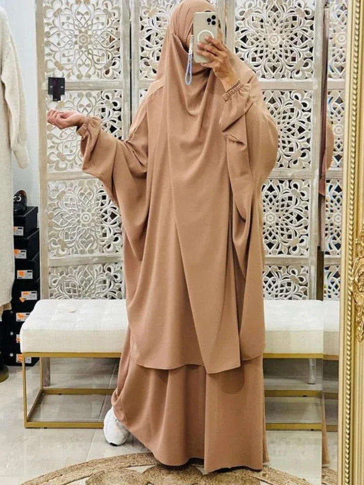 Ramadan 2 Piece Long Khimar with Skirt Set Abaya Muslim Women
