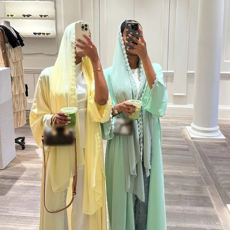 Eid Women Abaya Hijab Set Lace Dress Jalabiya Ramadan Party Dresses
