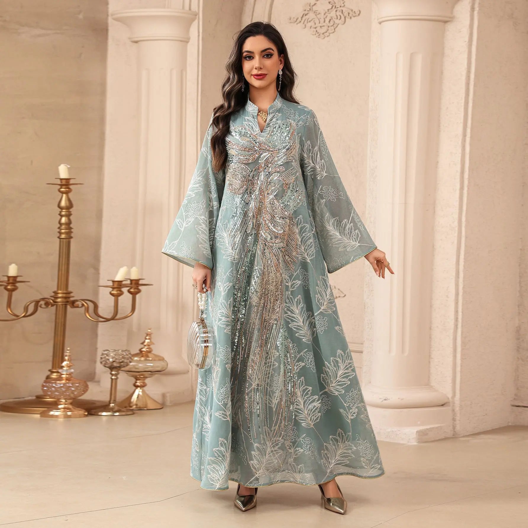 Sequin Embroidered Kaftan Abaya – Eid Party Dress