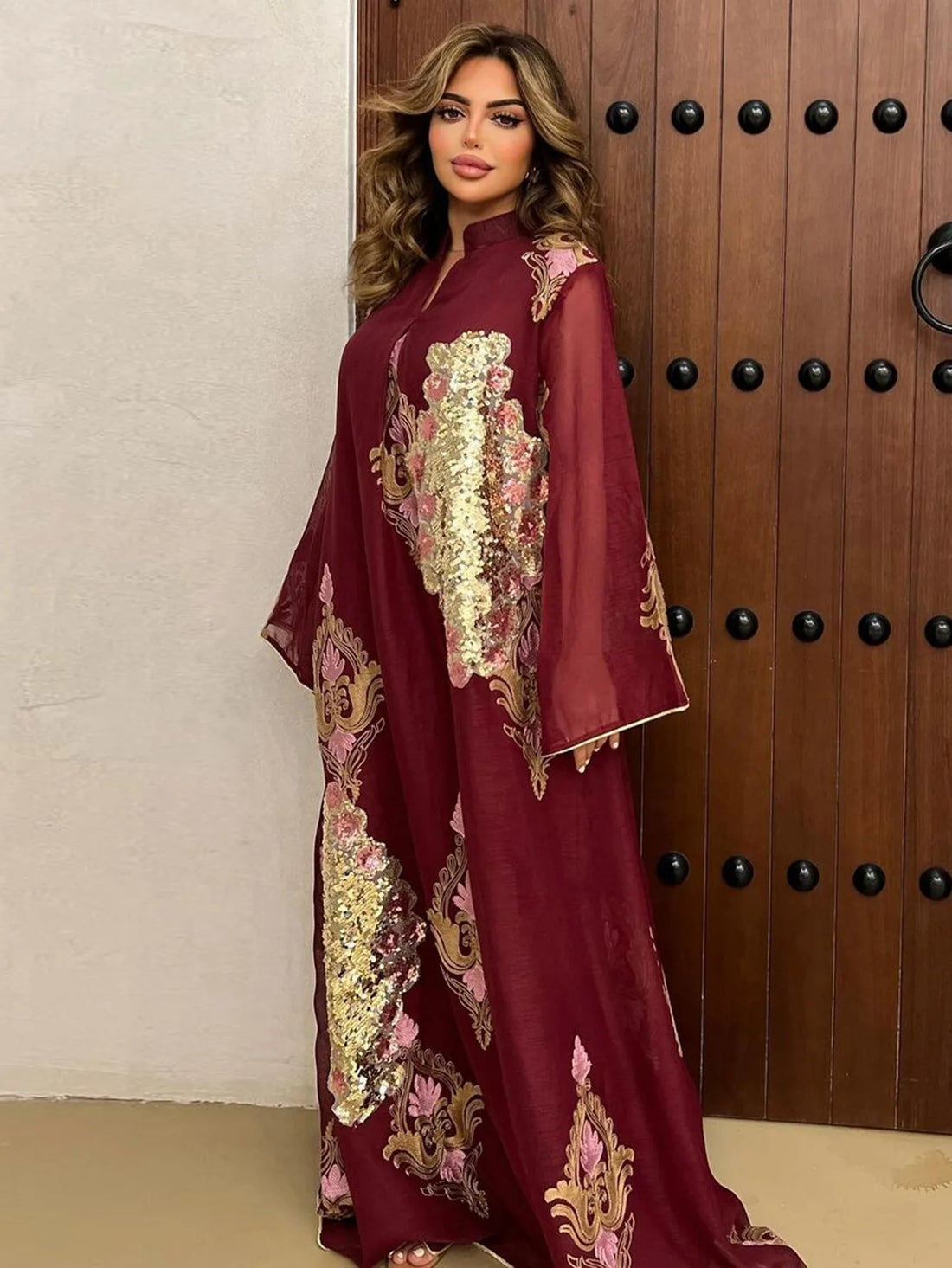 Sequin Leaf Embroidery Long Robe – Elegant Islamic Dress