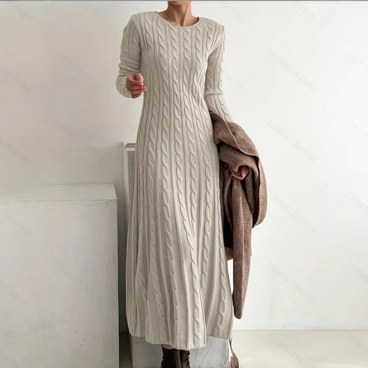Women 2026 Autumn Winter Round Neck Fitted Cable Knit Sweater Maxi Dress