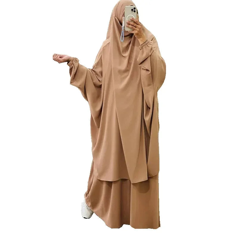 Ramadan 2 Piece Long Khimar with Skirt Set Abaya Muslim Women