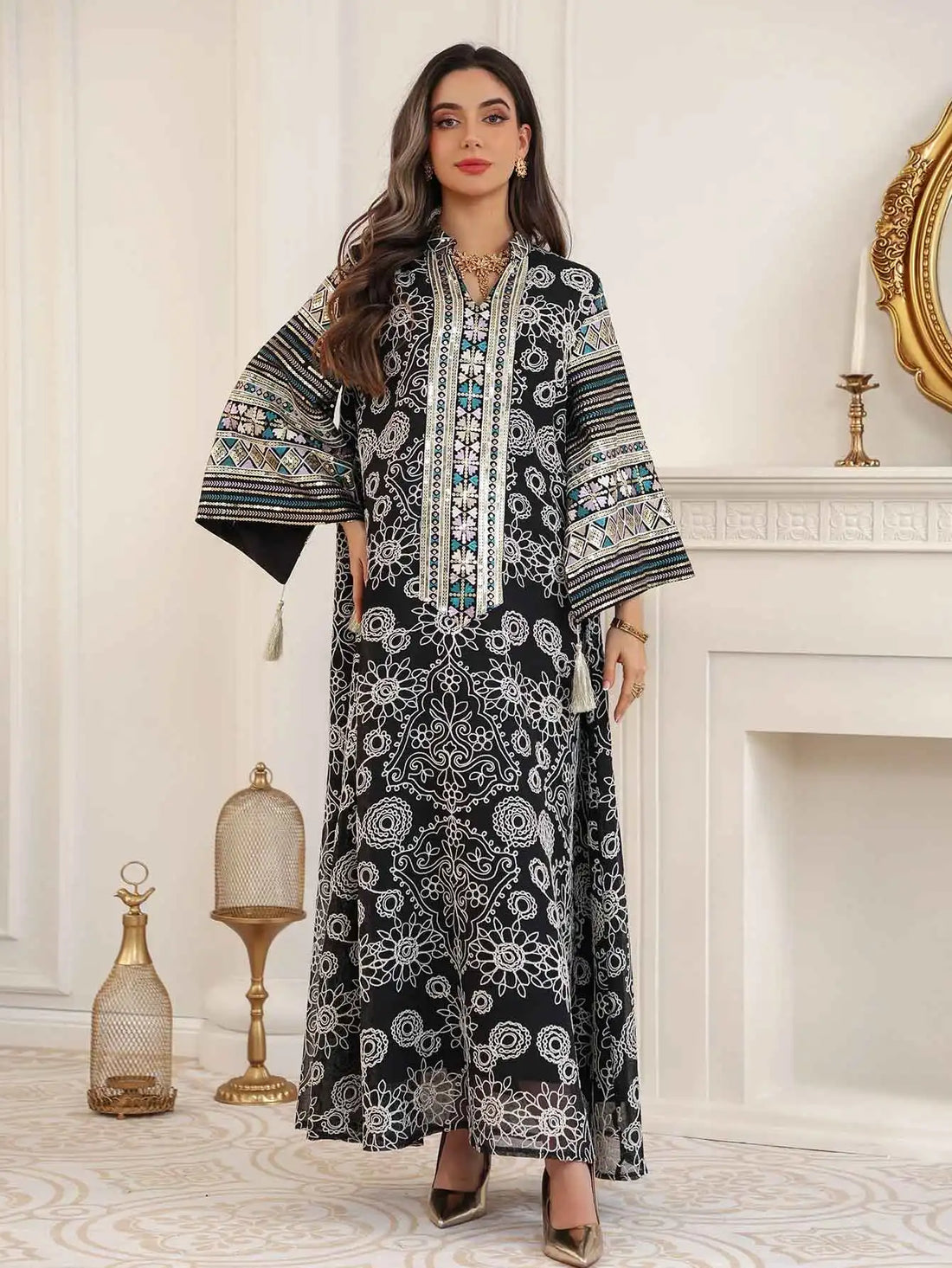 Multicolor Embroidered Sequin Abaya – Beige Eid Dress