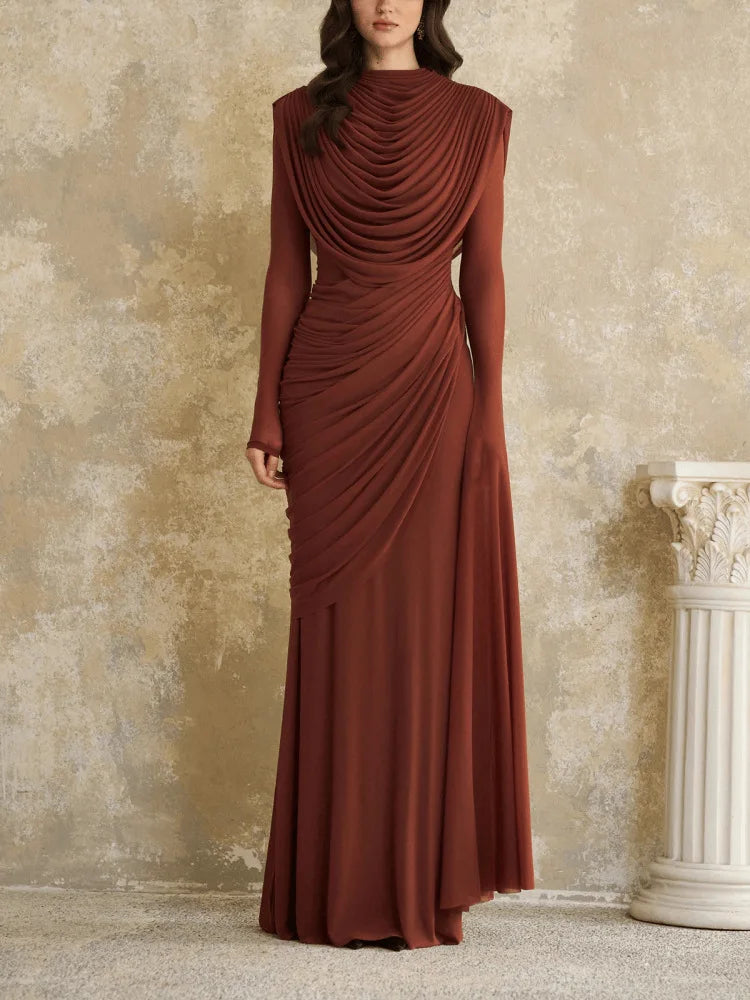 Solid Draped Neckline Long Dress