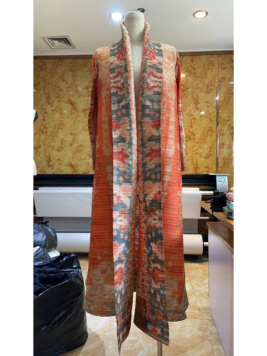 Miyake Pleated Abaya Coat – Vintage Print Designer Jacket