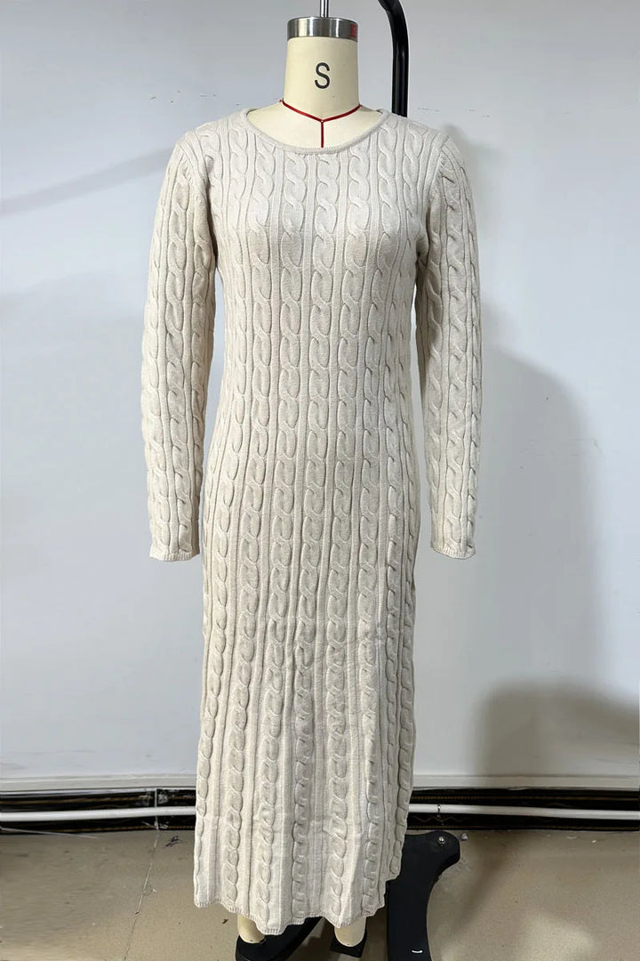 Women 2026 Autumn Winter Round Neck Fitted Cable Knit Sweater Maxi Dress