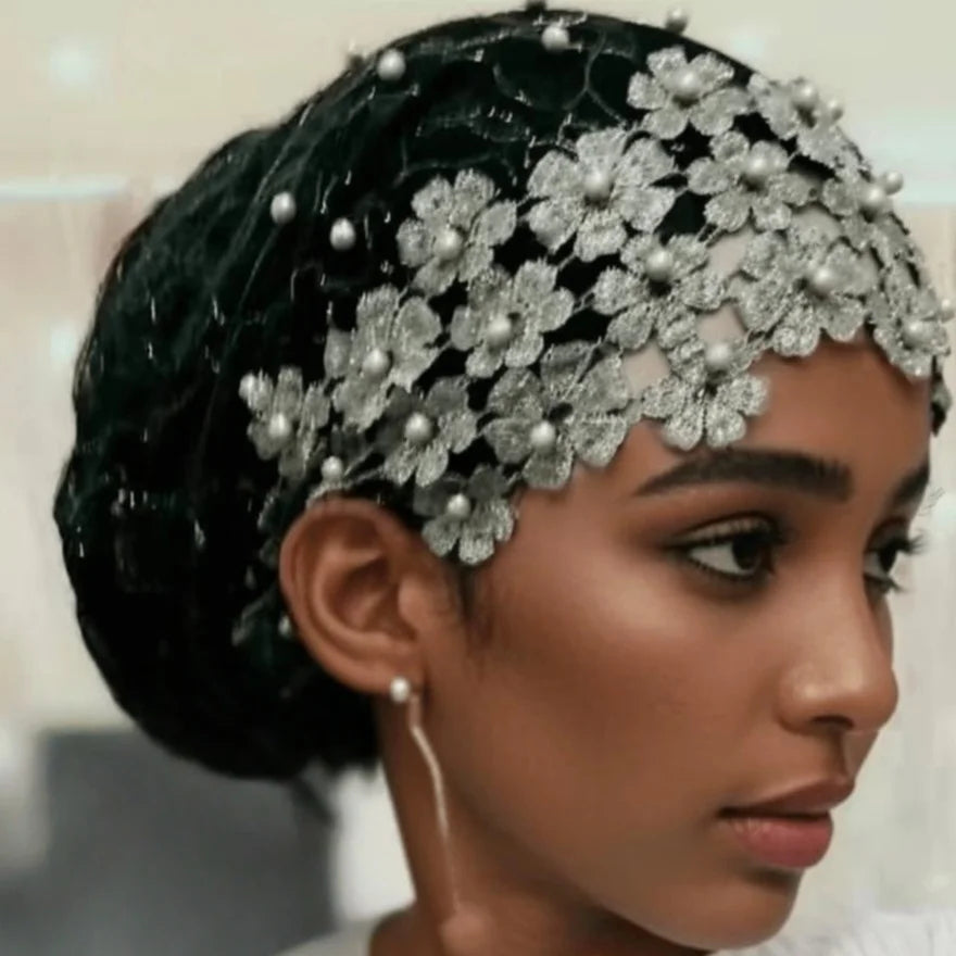 Elegant Floral Beaded Turban Hijab – Soft Stretch Head Wrap