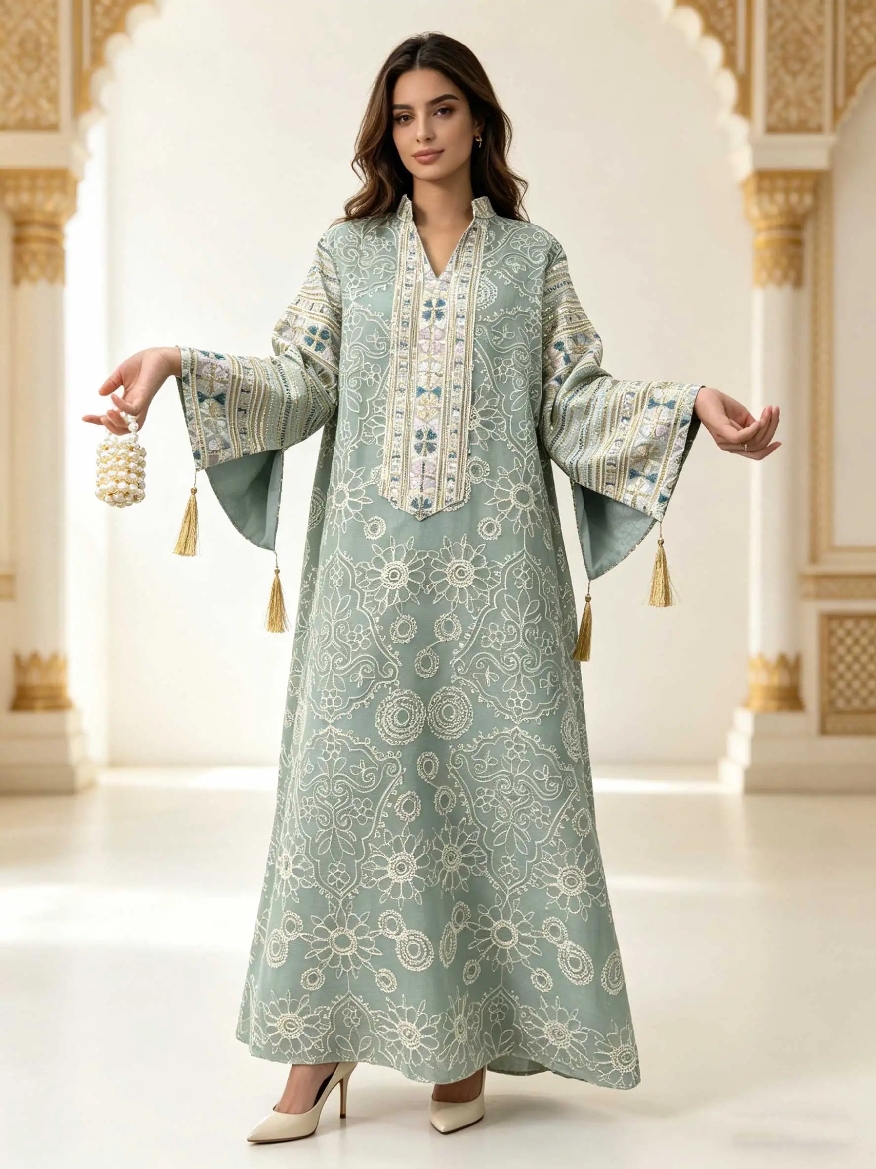 Multicolor Embroidered Sequin Abaya – Beige Eid Dress