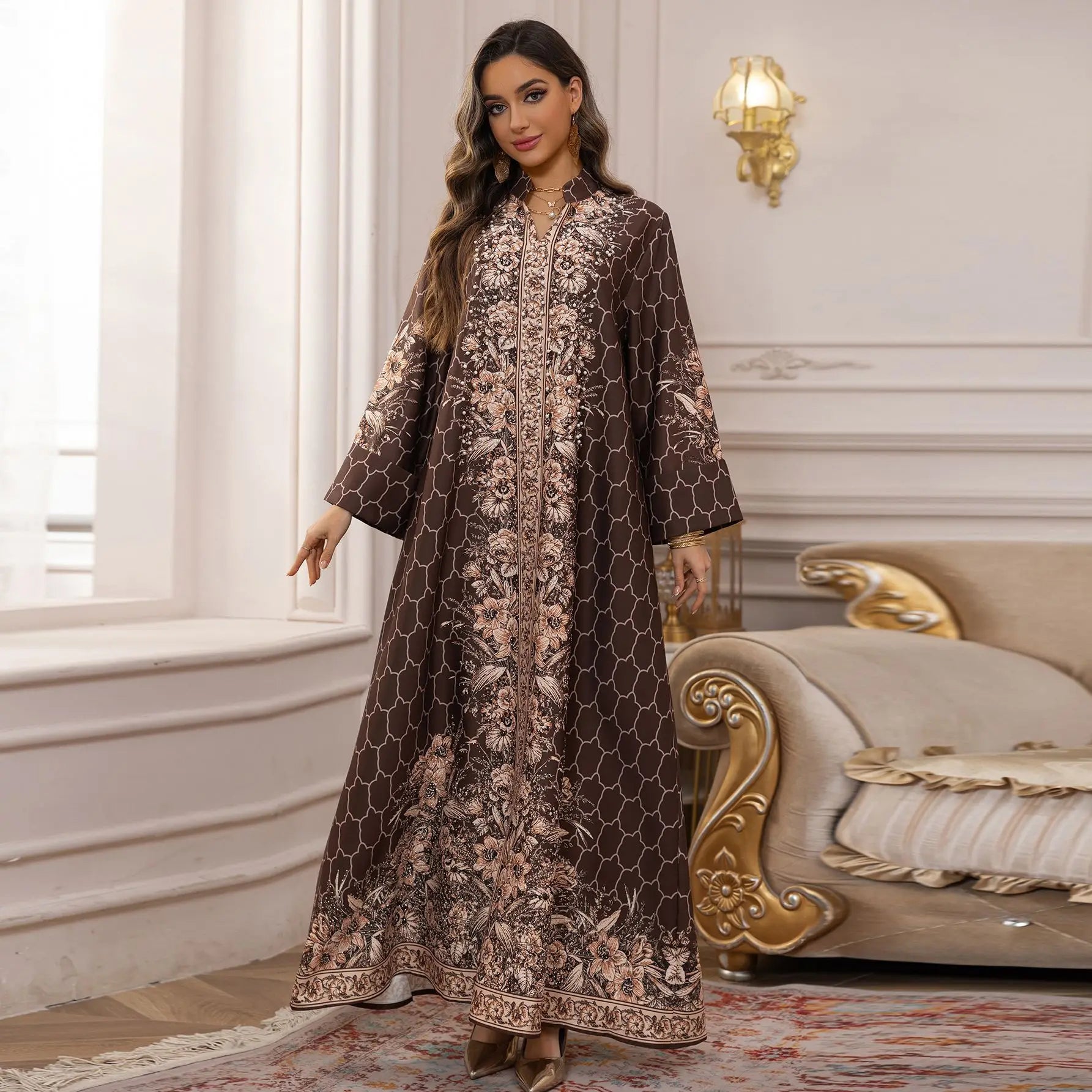 Pearl & Diamond Embellished Abaya – Elegant Long Modest Dress