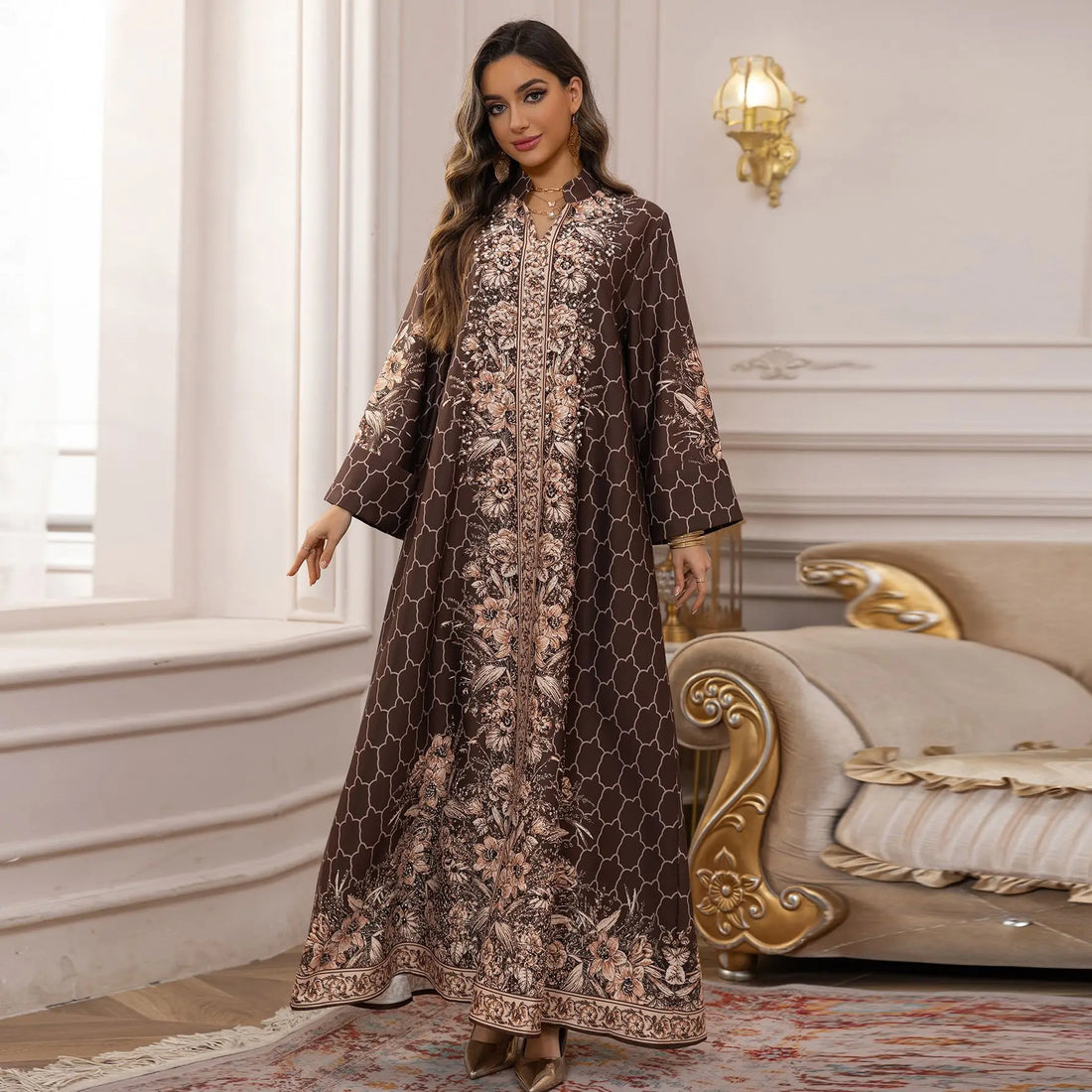 Pearl & Diamond Embellished Abaya – Elegant Long Modest Dress