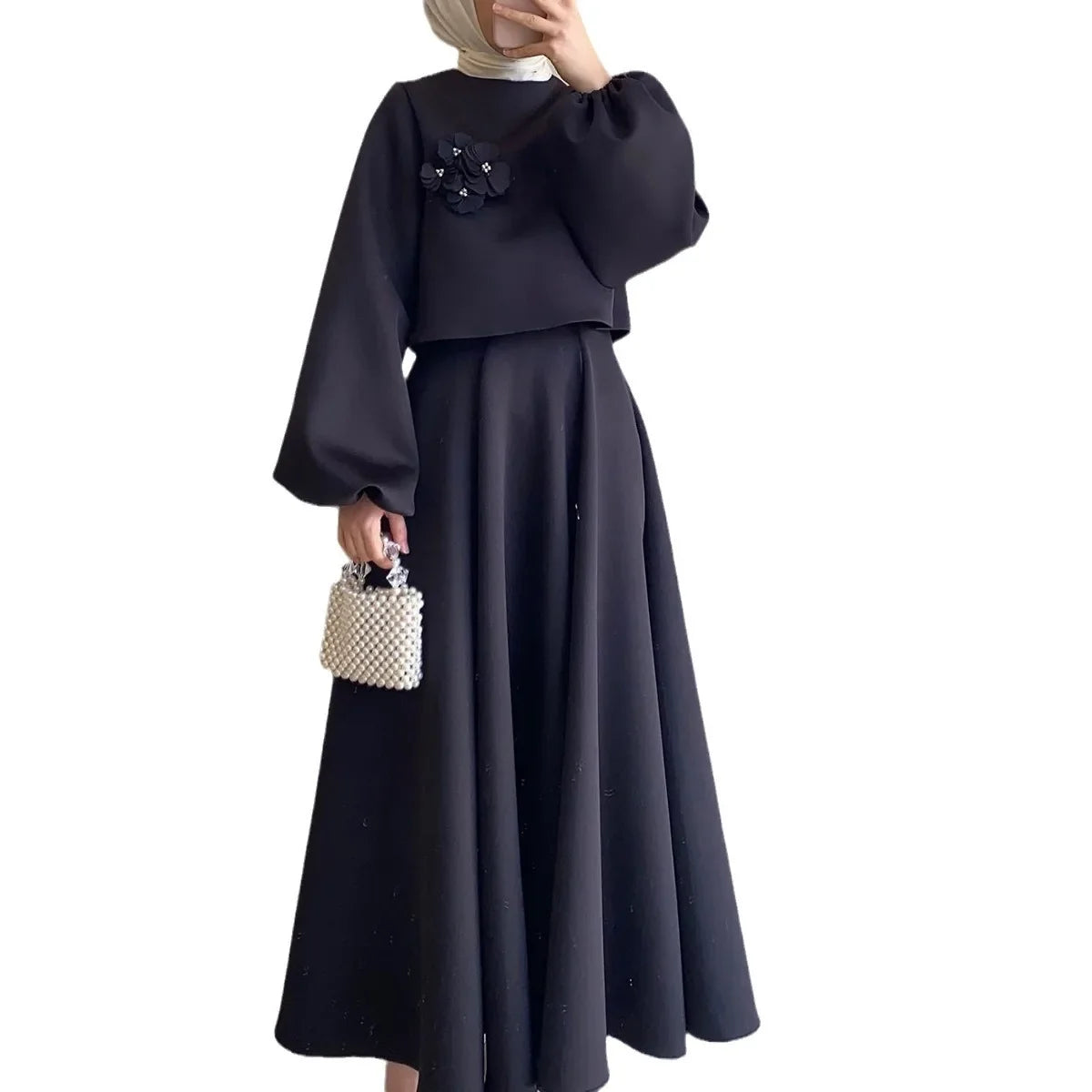 Lantern Sleeve Loose Two-piece Dress Femme Muslim Dress Abaya