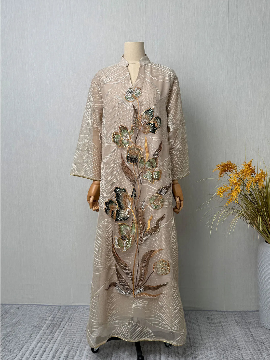 Light Blue Sequin Floral Abaya – Embroidered Evening Dress